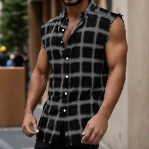 Mens Casual Plaid Print Sanding Sleeveless