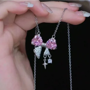 Necklace for Women, Sweet Pink Bow Heart Pendant,