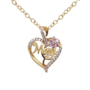 Gold-Plated Mom Heart Necklace with Cubic Zirconia